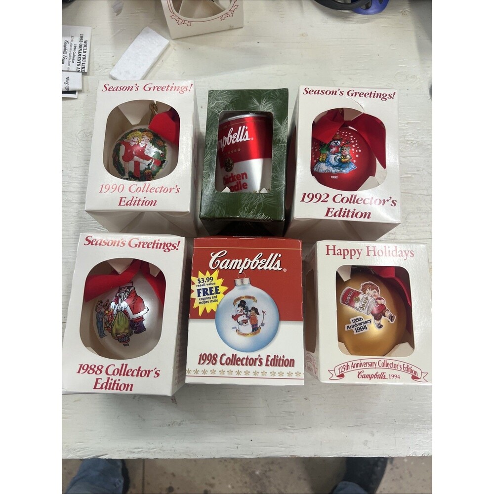 6 Vintage 1980s/90s CAMPBELL’S SOUP Kids Christmas Tree Ornaments Original Boxes